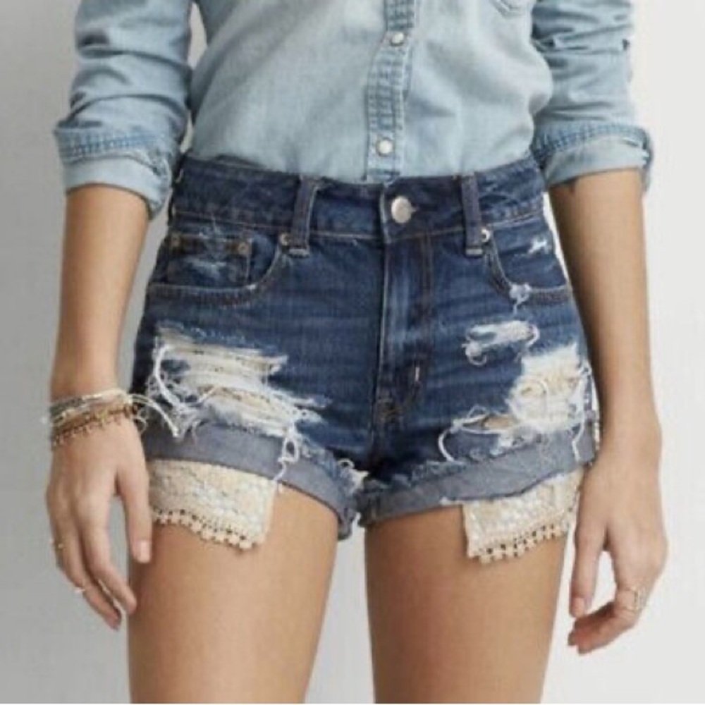 Distressed Denim Shorts with Lace Trim